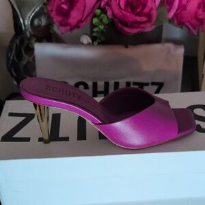 Schutz Fuchsia and Gold Heeled Sandals